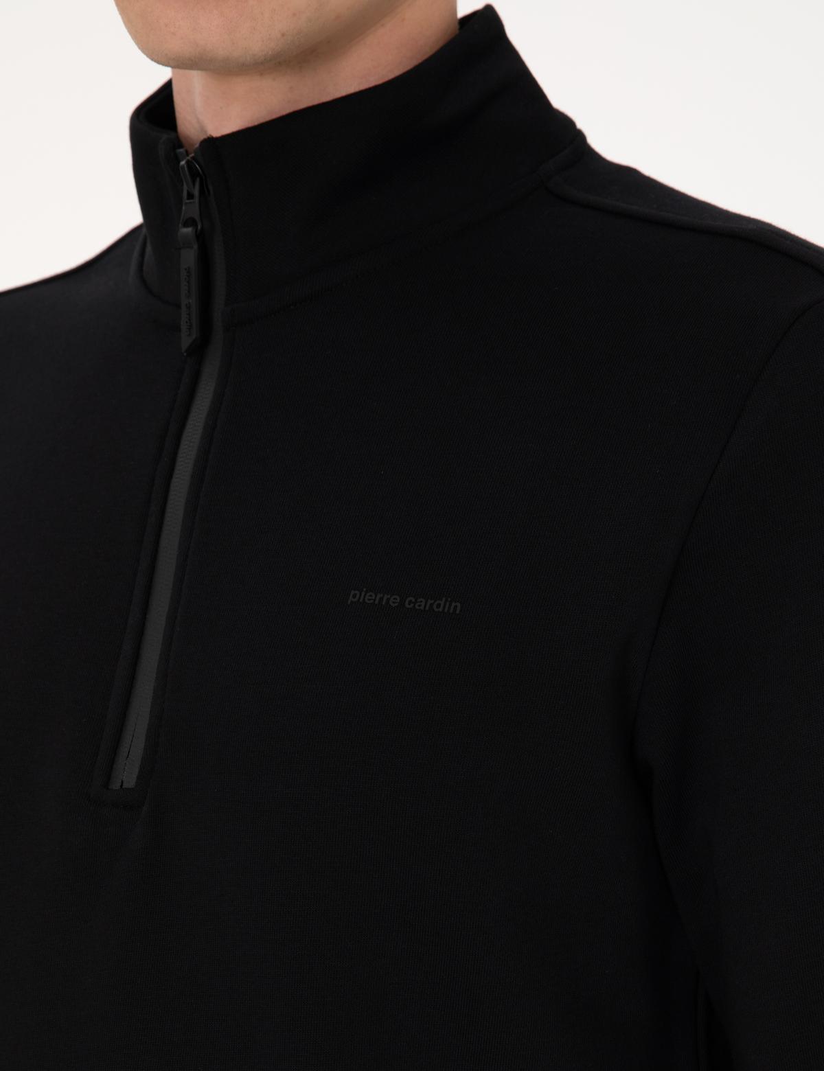 Siyah 3 İplik Regular Fit Fermuarlı Dik Yaka Basic Sweatshirt - 50314044003