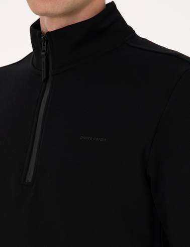 Siyah 3 İplik Regular Fit Fermuarlı Dik Yaka Basic Sweatshirt