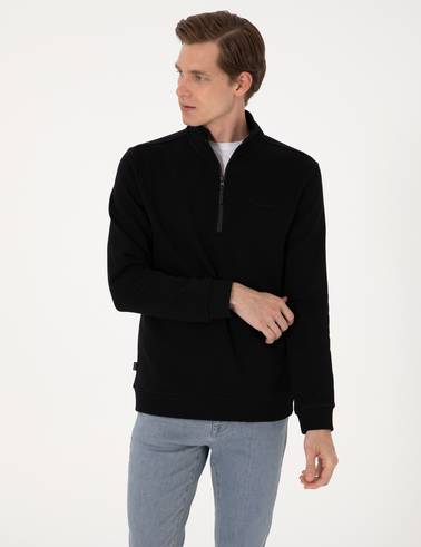 Siyah 3 İplik Regular Fit Fermuarlı Dik Yaka Basic Sweatshirt
