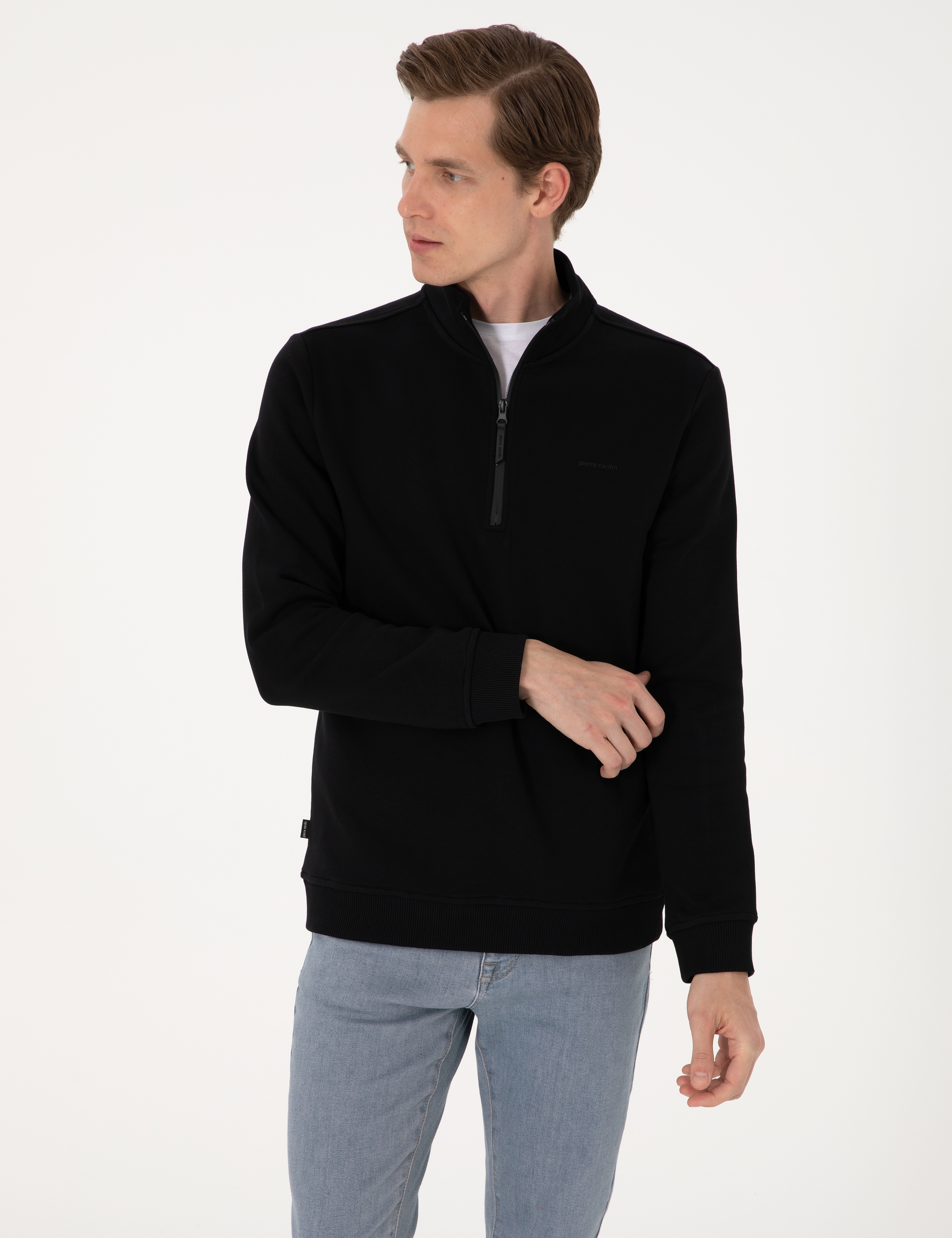 Siyah 3 İplik Regular Fit Fermuarlı Dik Yaka Basic Sweatshirt - Image 3