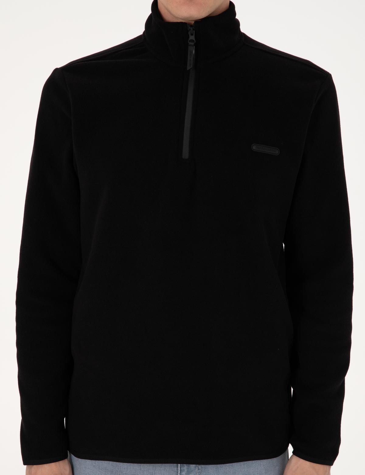 Siyah Regular Fit Yarım Fermuarlı Polar Sweatshirt - 50314056018