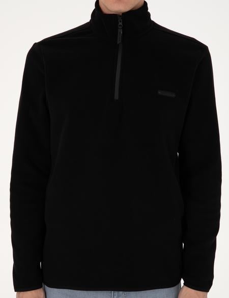 Siyah Regular Fit Yarım Fermuarlı Polar Sweatshirt - 50314056018