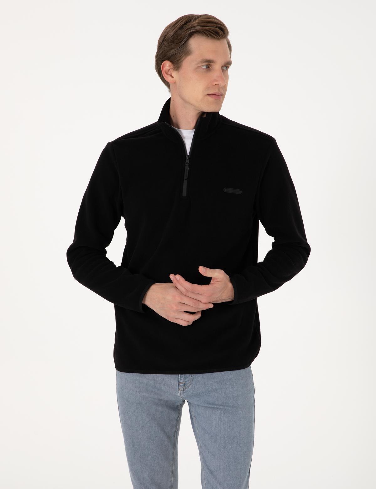 Siyah Regular Fit Yarım Fermuarlı Polar Sweatshirt - 50314056018