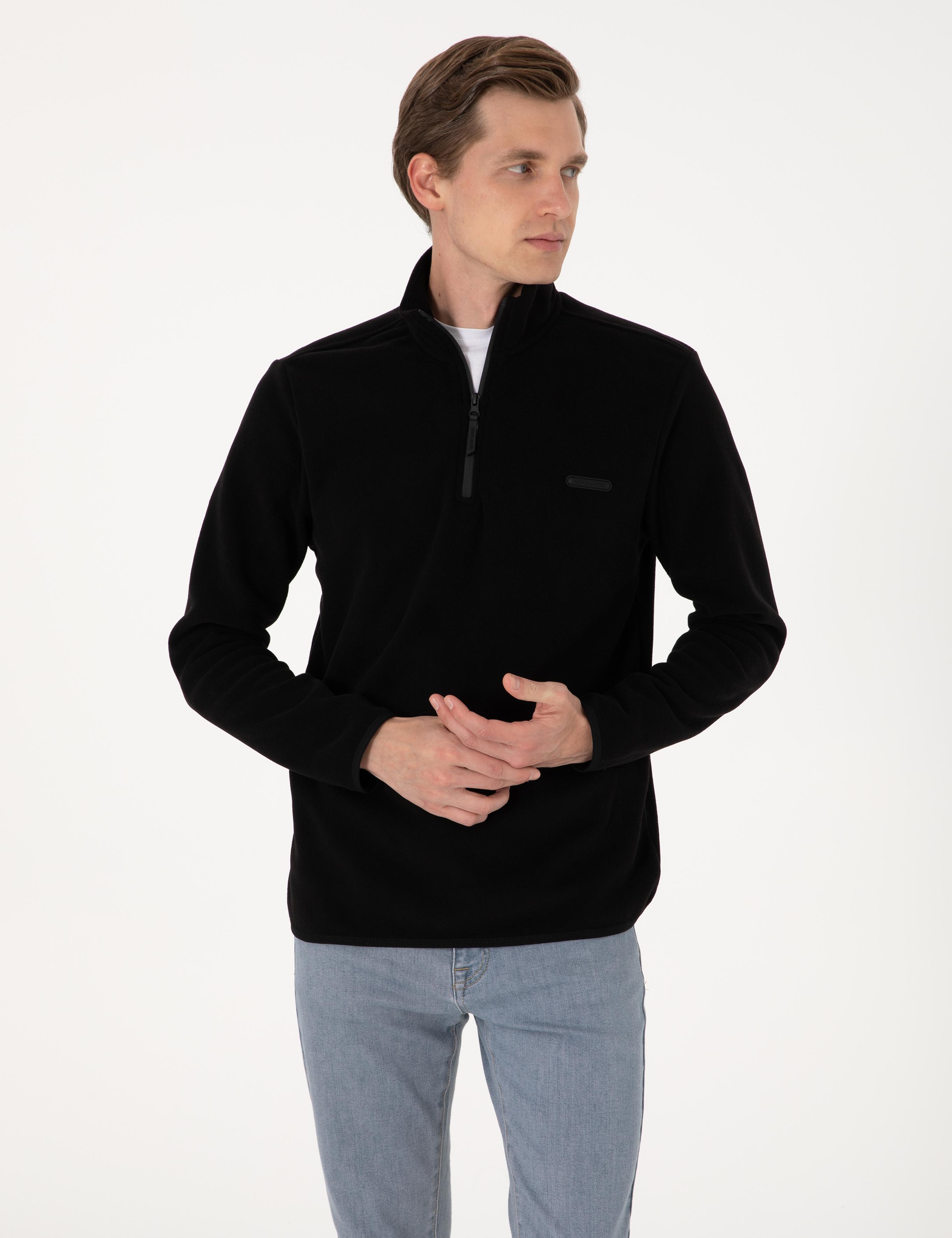 Siyah Regular Fit Yarım Fermuarlı Polar Sweatshirt