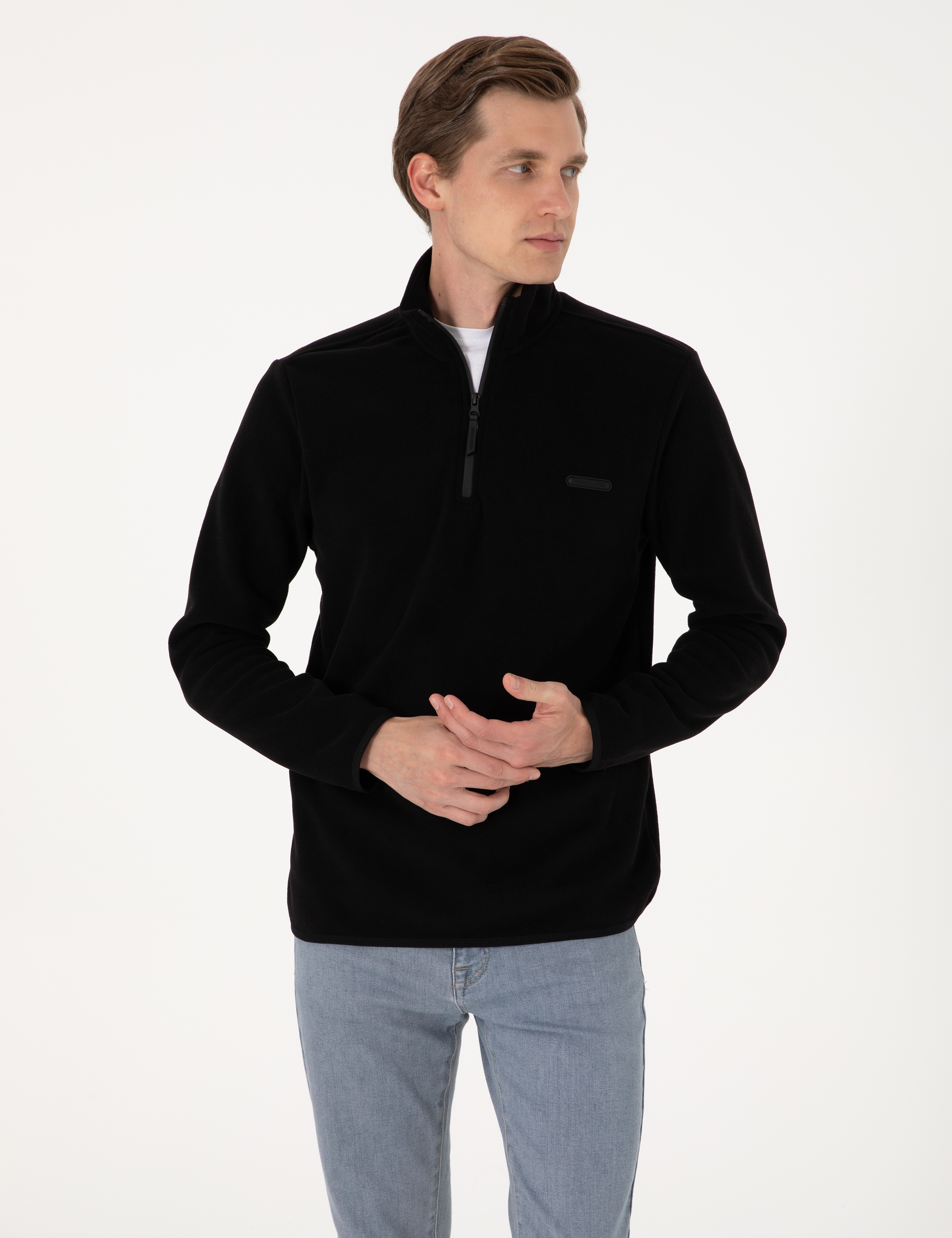 Siyah Regular Fit Yarım Fermuarlı Polar Sweatshirt - Image 3