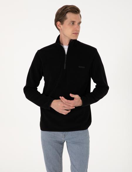 Siyah Regular Fit Yarım Fermuarlı Polar Sweatshirt - 50314056018