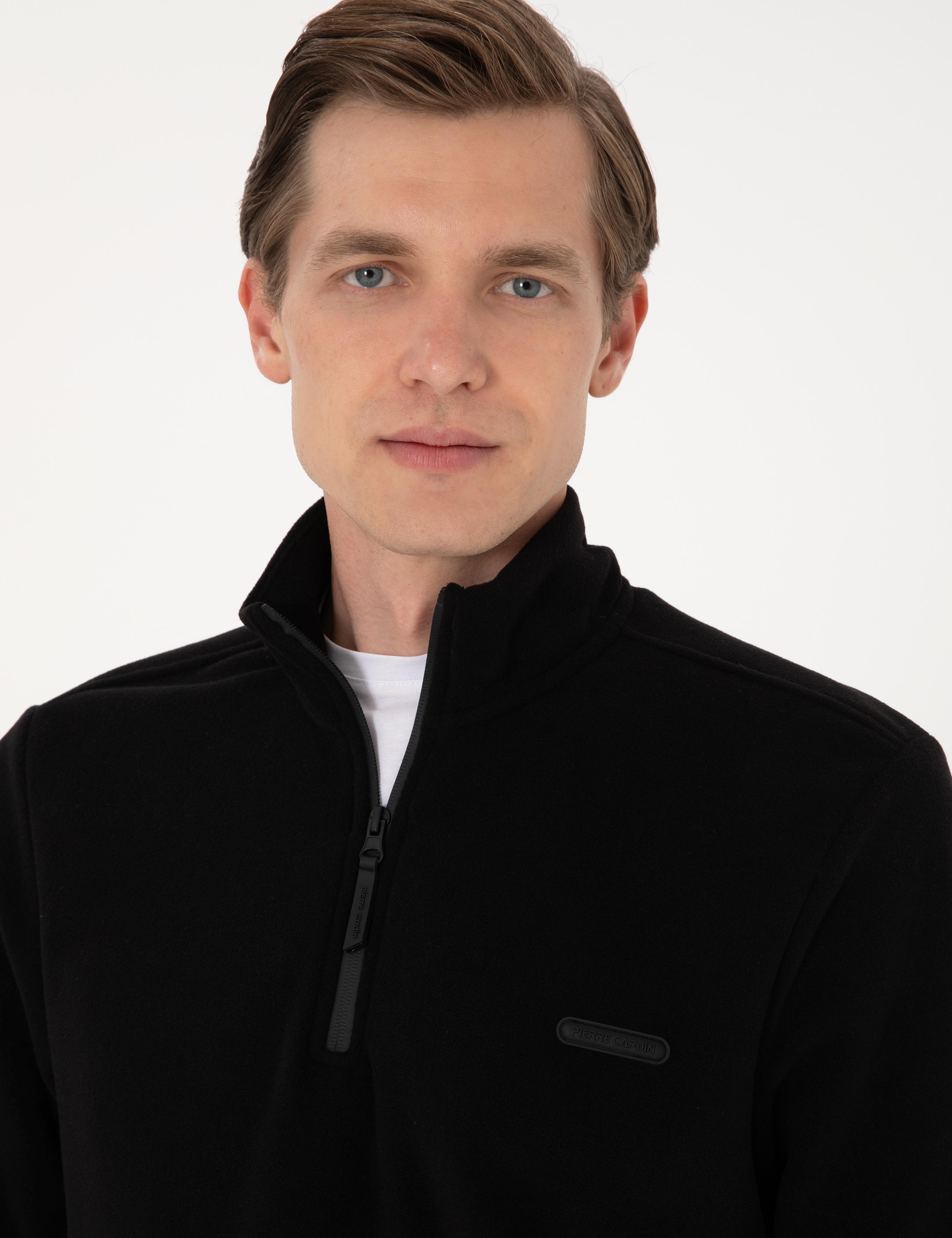 Siyah Regular Fit Yarım Fermuarlı Polar Sweatshirt
