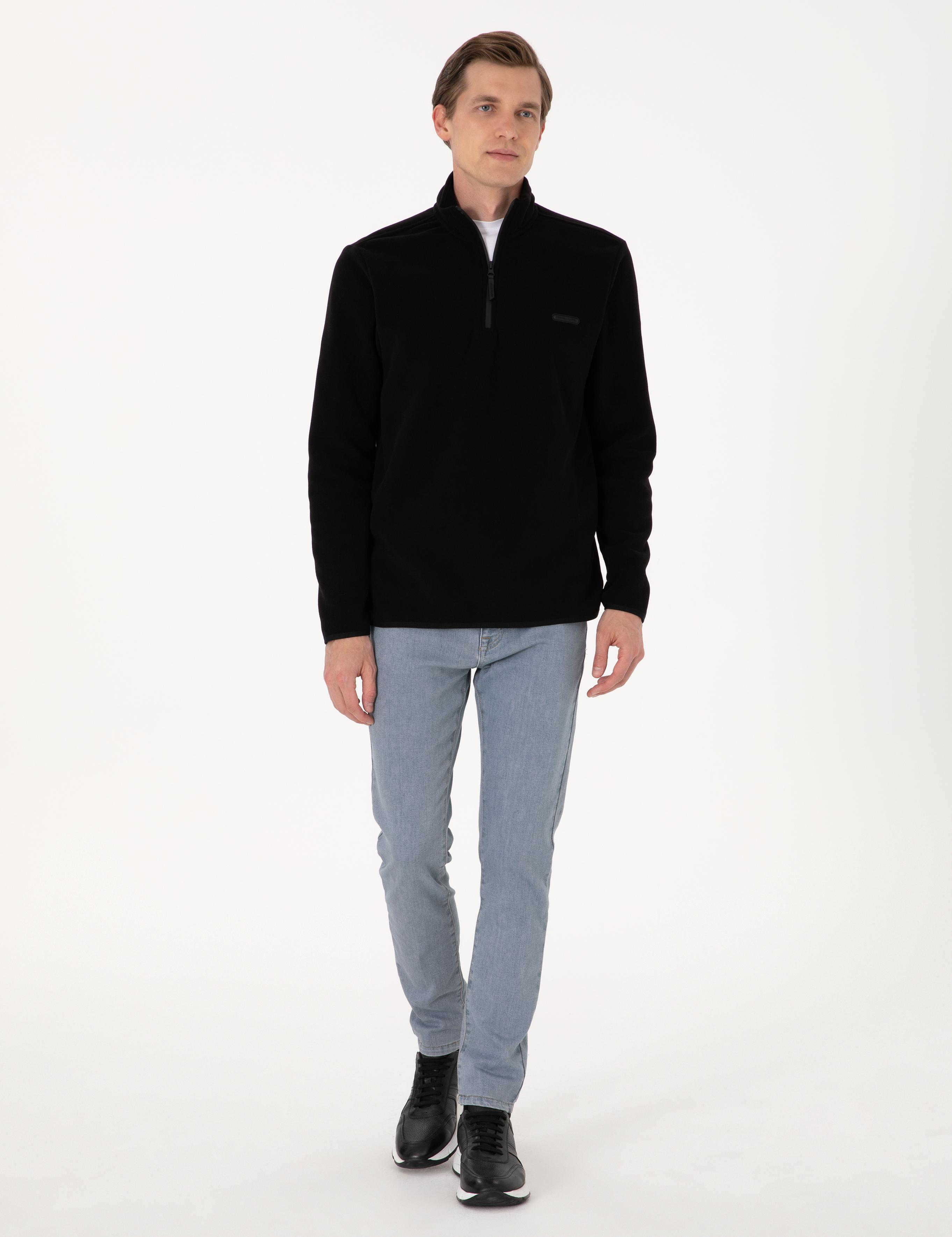 Siyah Regular Fit Yarım Fermuarlı Polar Sweatshirt