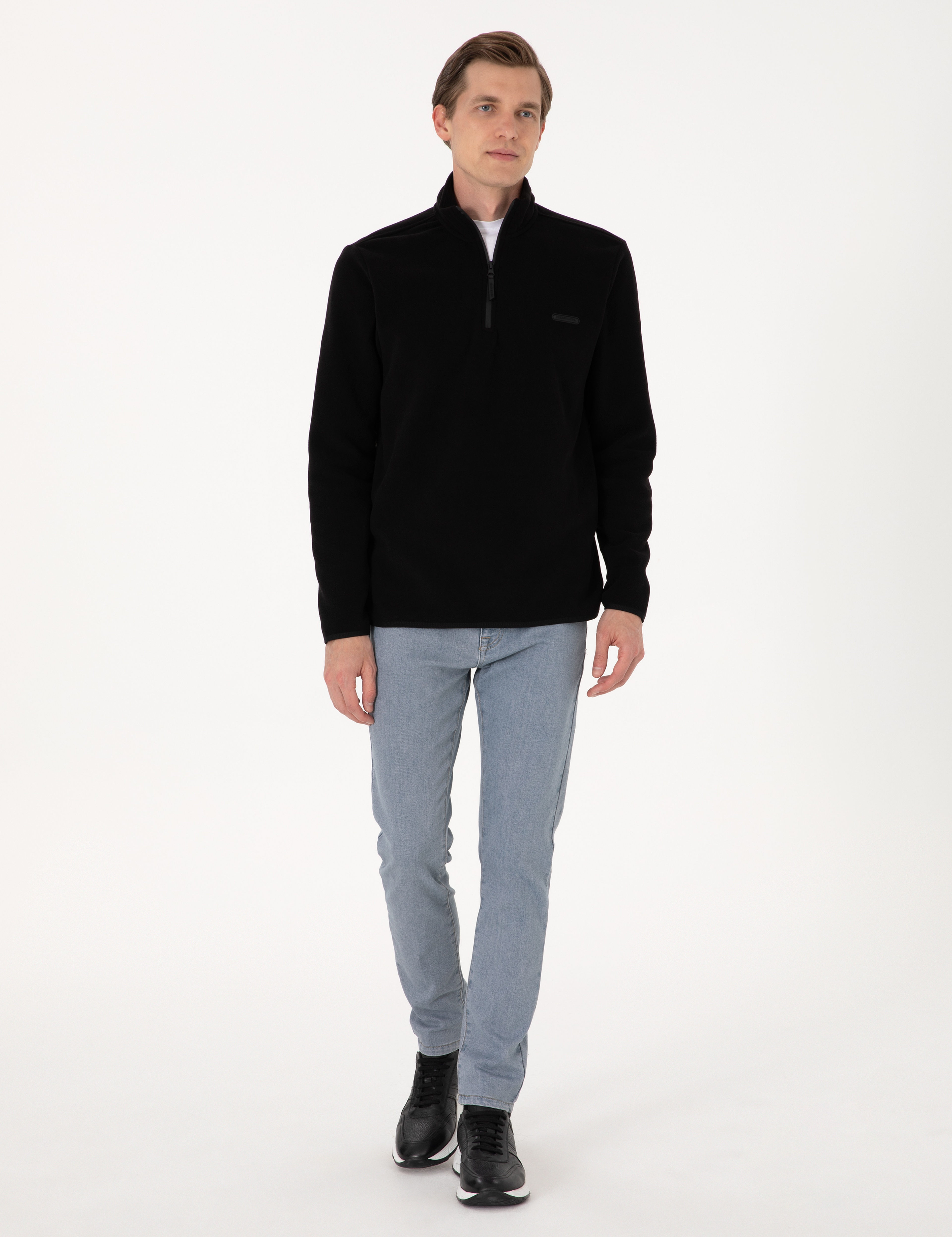 Siyah Regular Fit Yarım Fermuarlı Polar Sweatshirt - Image 4