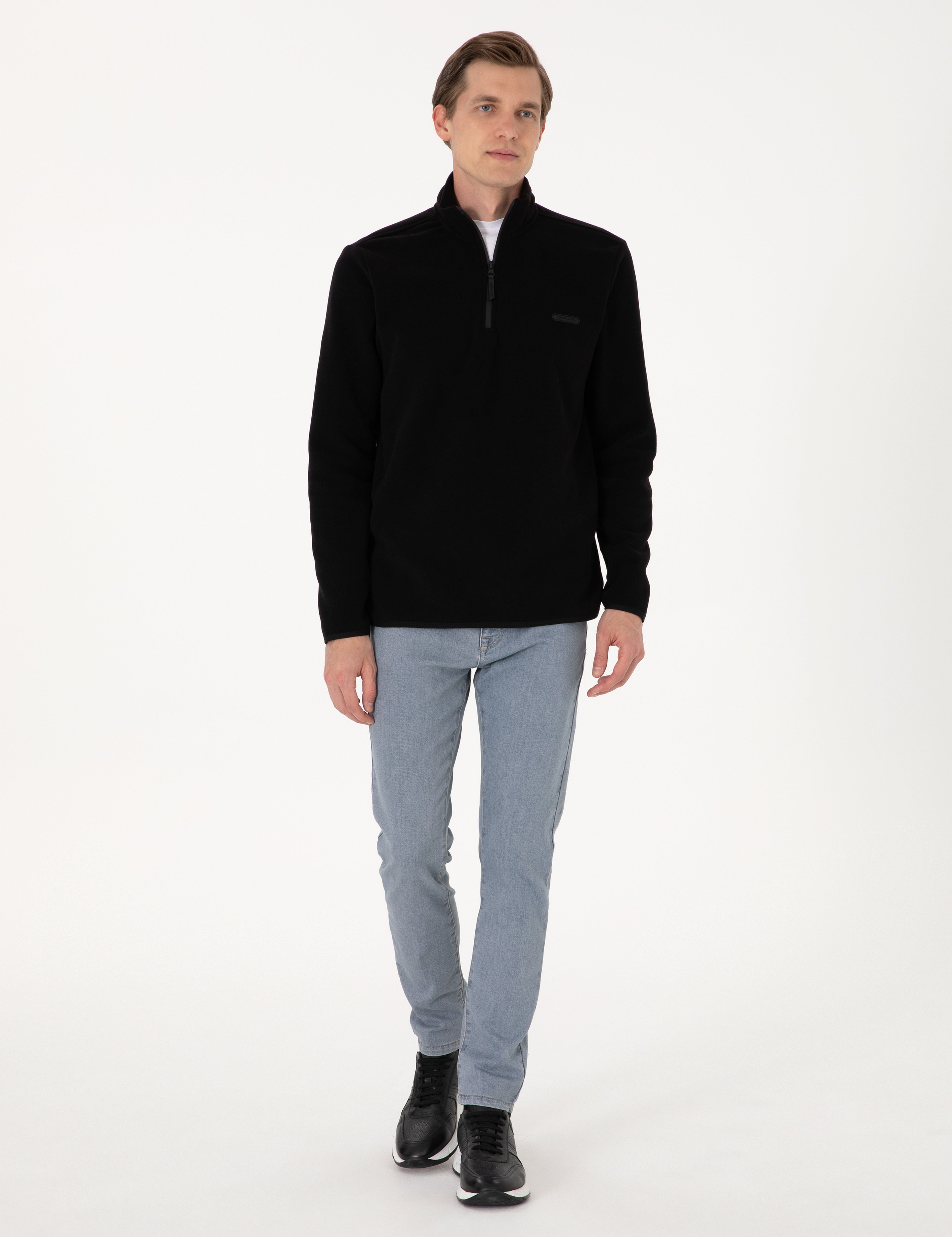 Siyah Regular Fit Yarım Fermuarlı Polar Sweatshirt