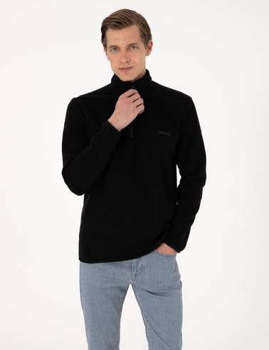 Siyah Regular Fit Yarım Fermuarlı Polar Sweatshirt