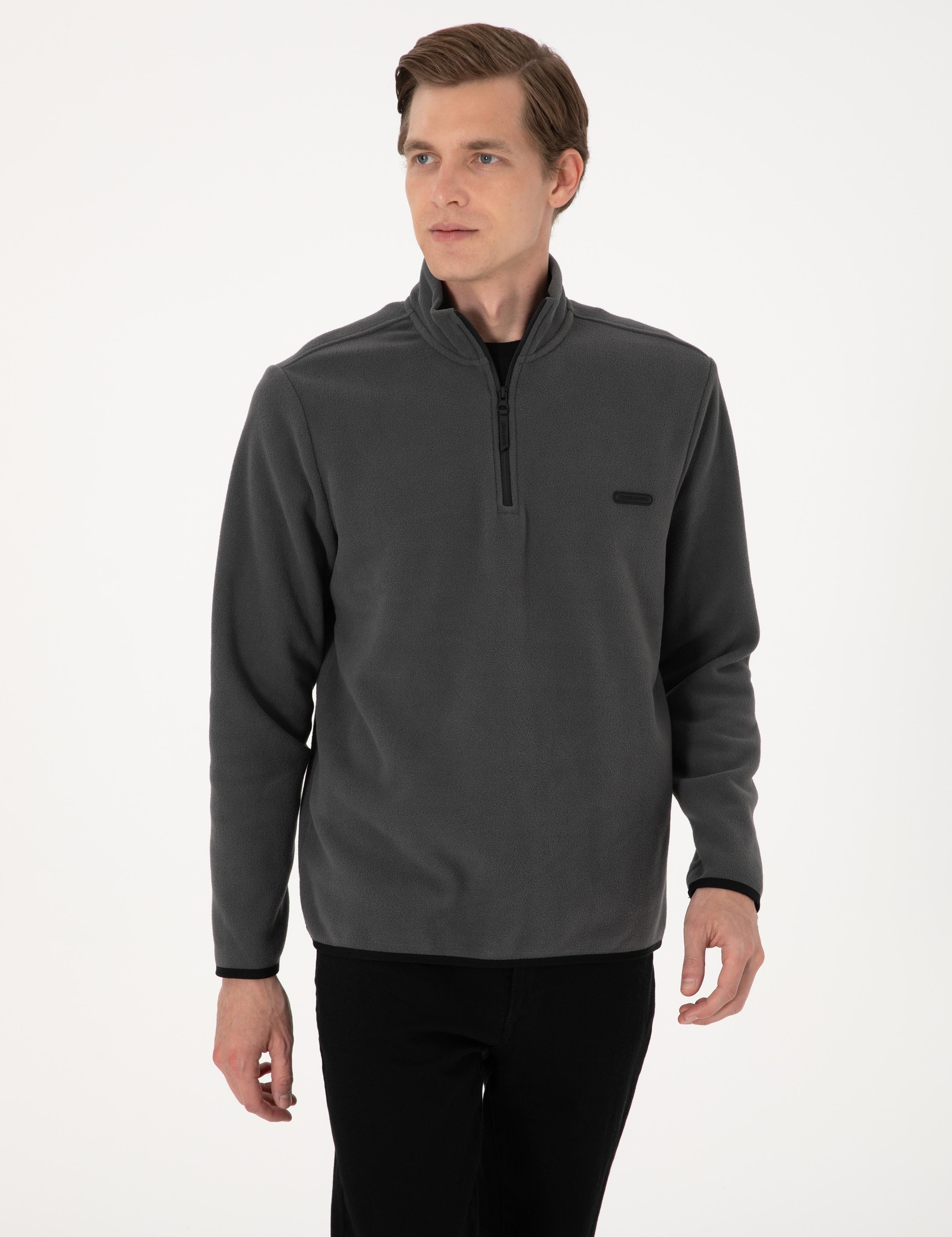 Antrasit Regular Fit Yarım Fermuarlı Polar Sweatshirt