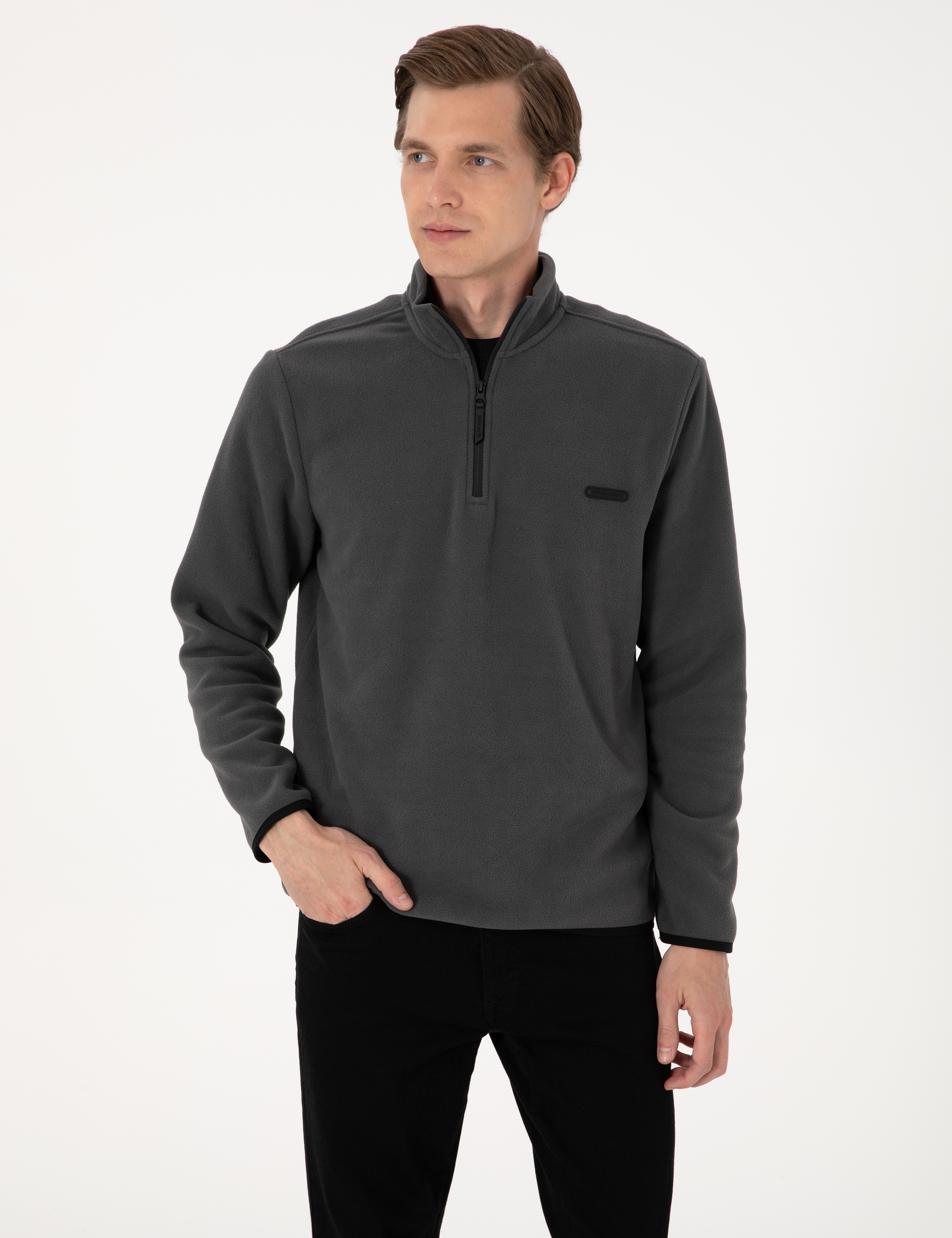 Antrasit Regular Fit Yarım Fermuarlı Polar Sweatshirt