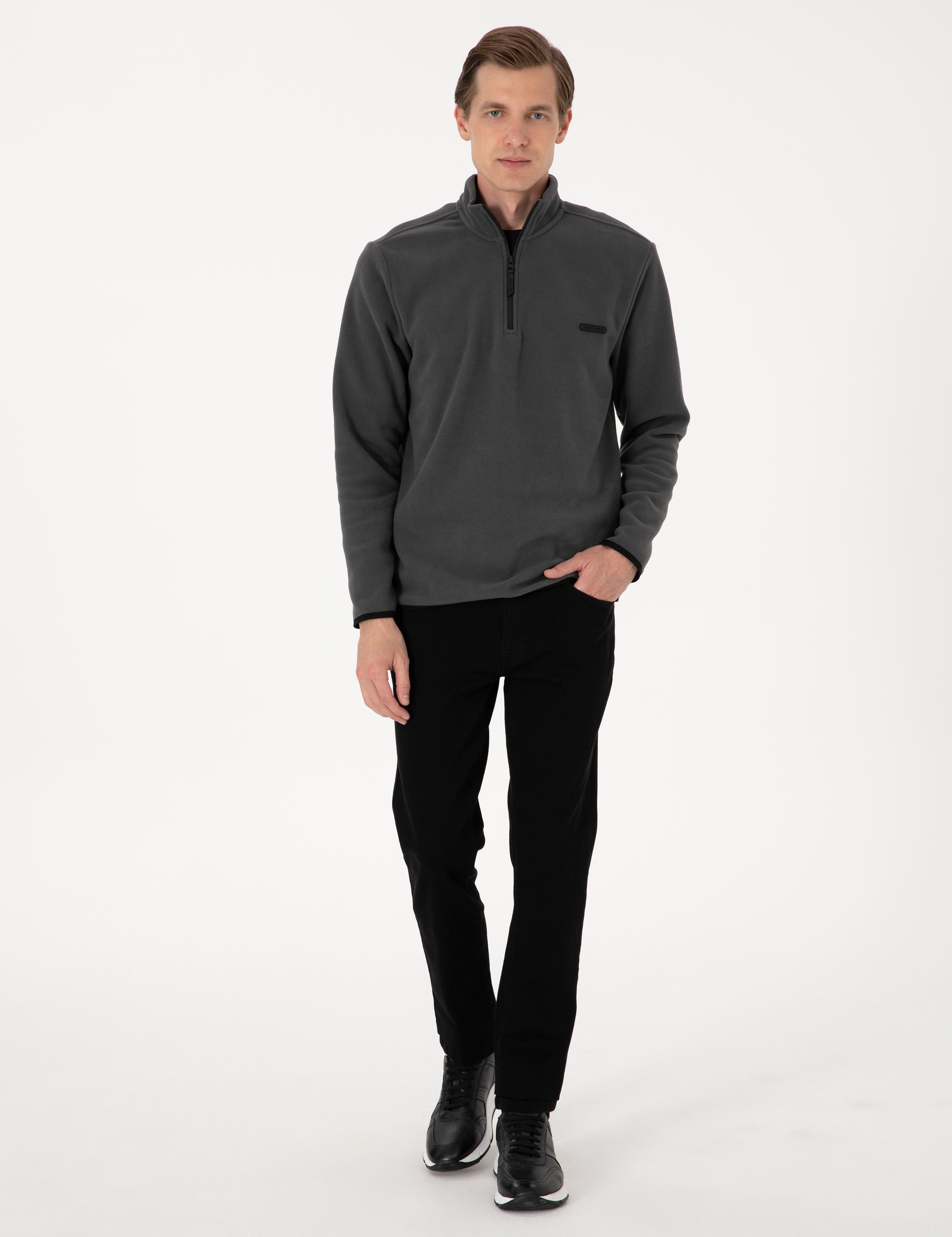 Antrasit Regular Fit Yarım Fermuarlı Polar Sweatshirt