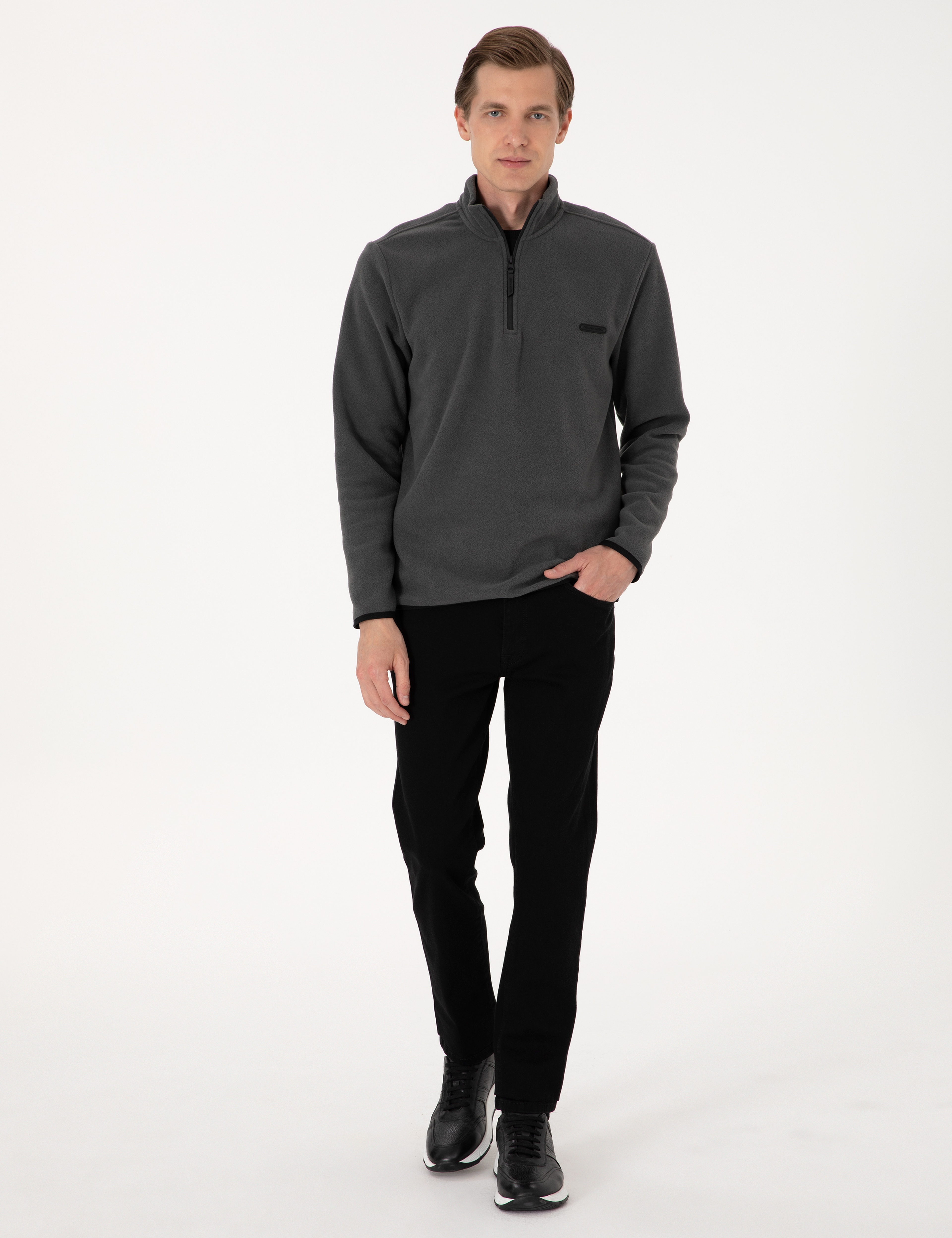Antrasit Regular Fit Yarım Fermuarlı Polar Sweatshirt - Image 4