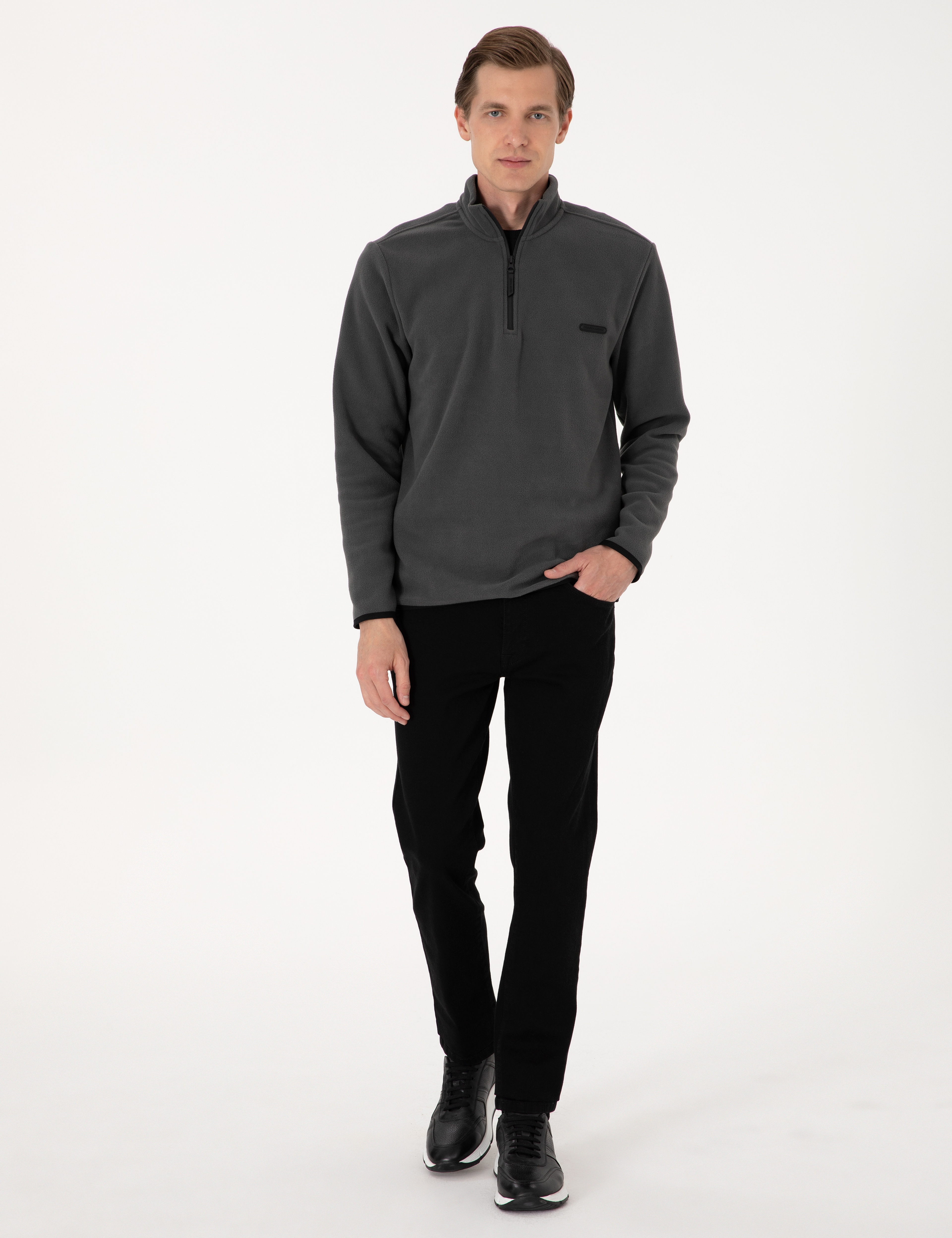 Antrasit Regular Fit Yarım Fermuarlı Polar Sweatshirt