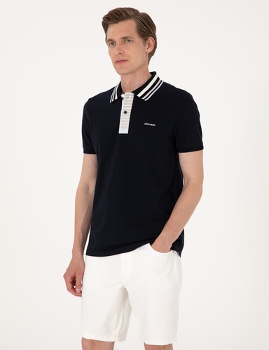Lacivert Slim Fit %100 Pamuk Düğmeli Polo YakaTişört