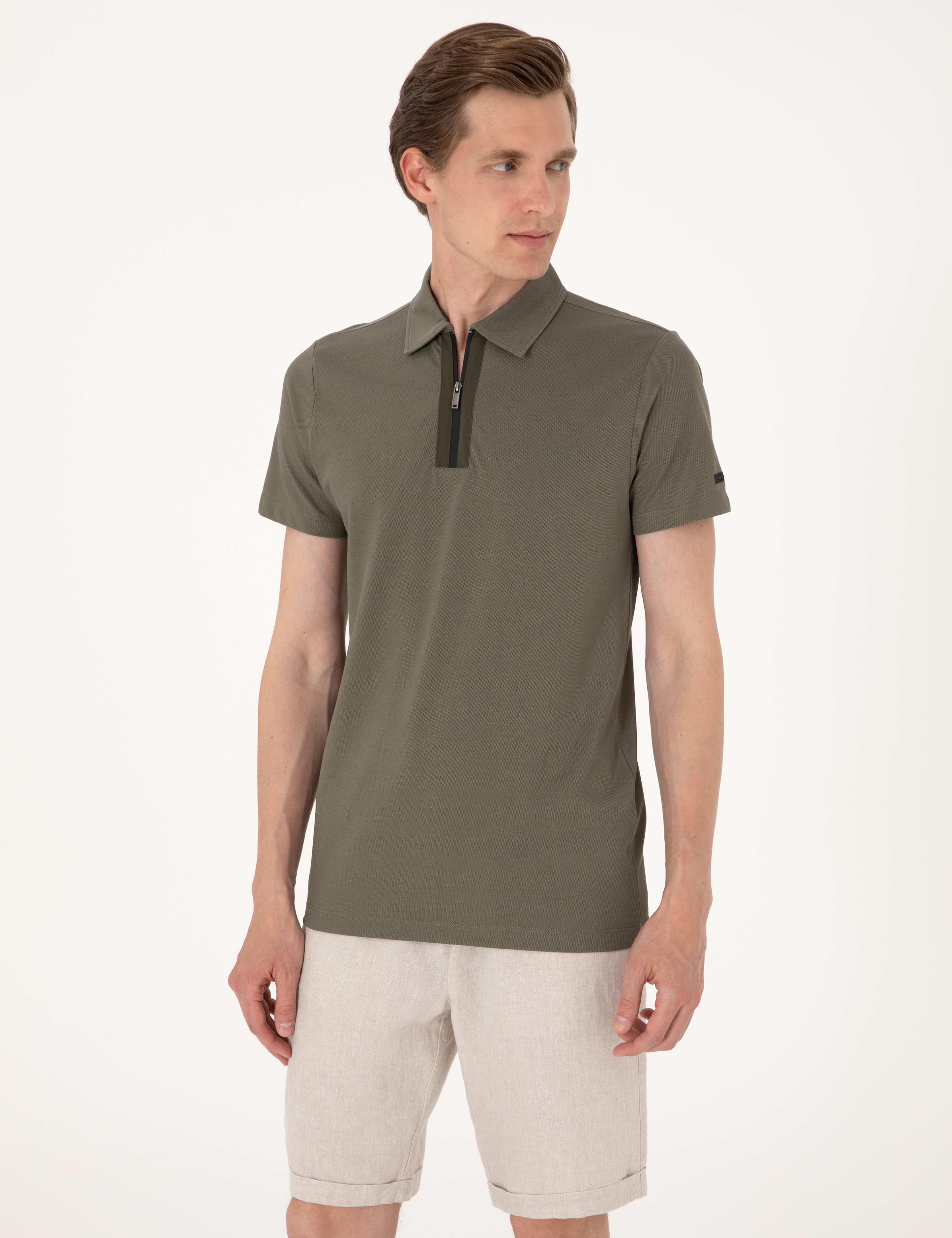 Haki Ultralight Kumaş Slim Fit Polo Yaka Tişört - Image 3