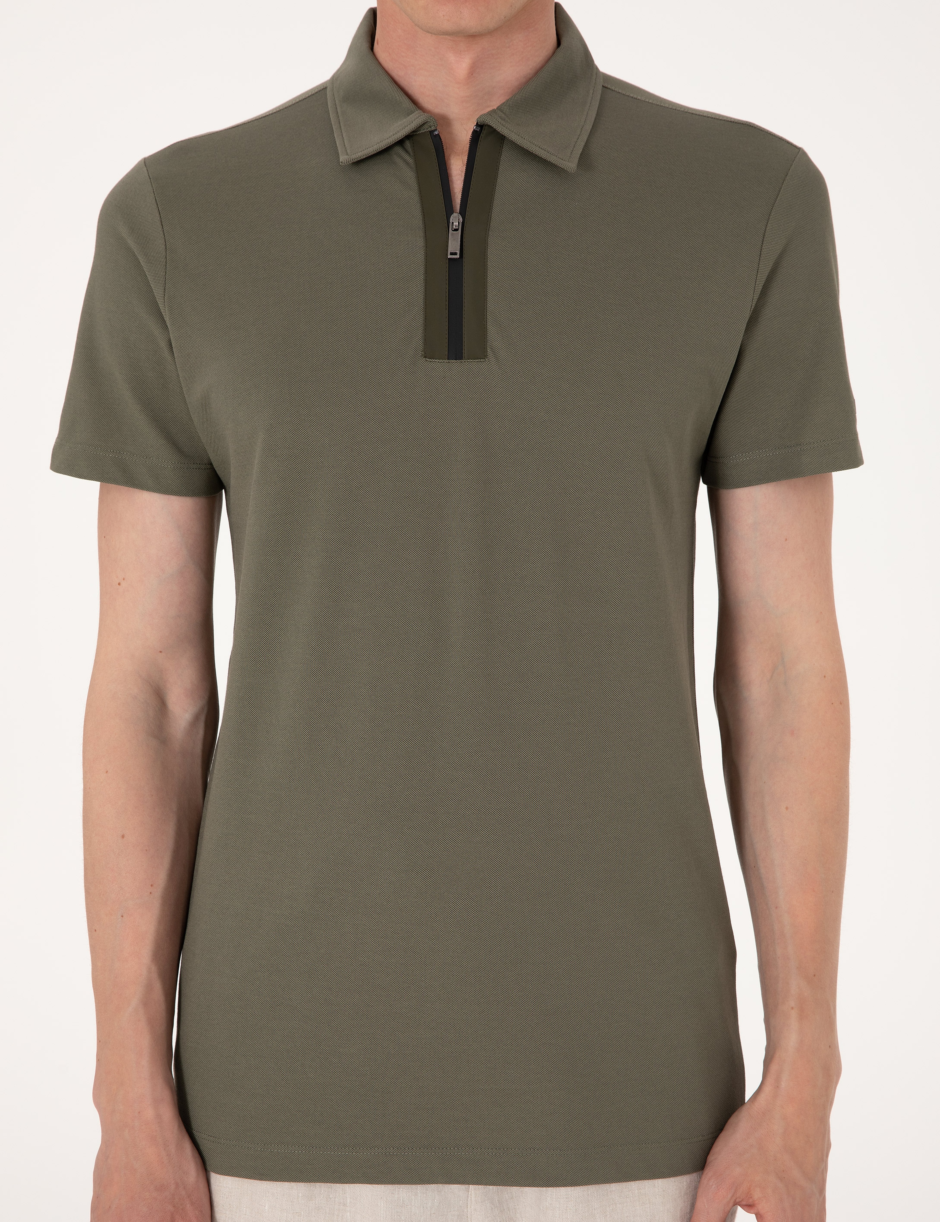Haki Ultralight Kumaş Slim Fit Polo Yaka Tişört - Image 6