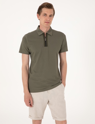 Haki Ultralight Kumaş Slim Fit Fermuarlı Polo Yaka Tişört