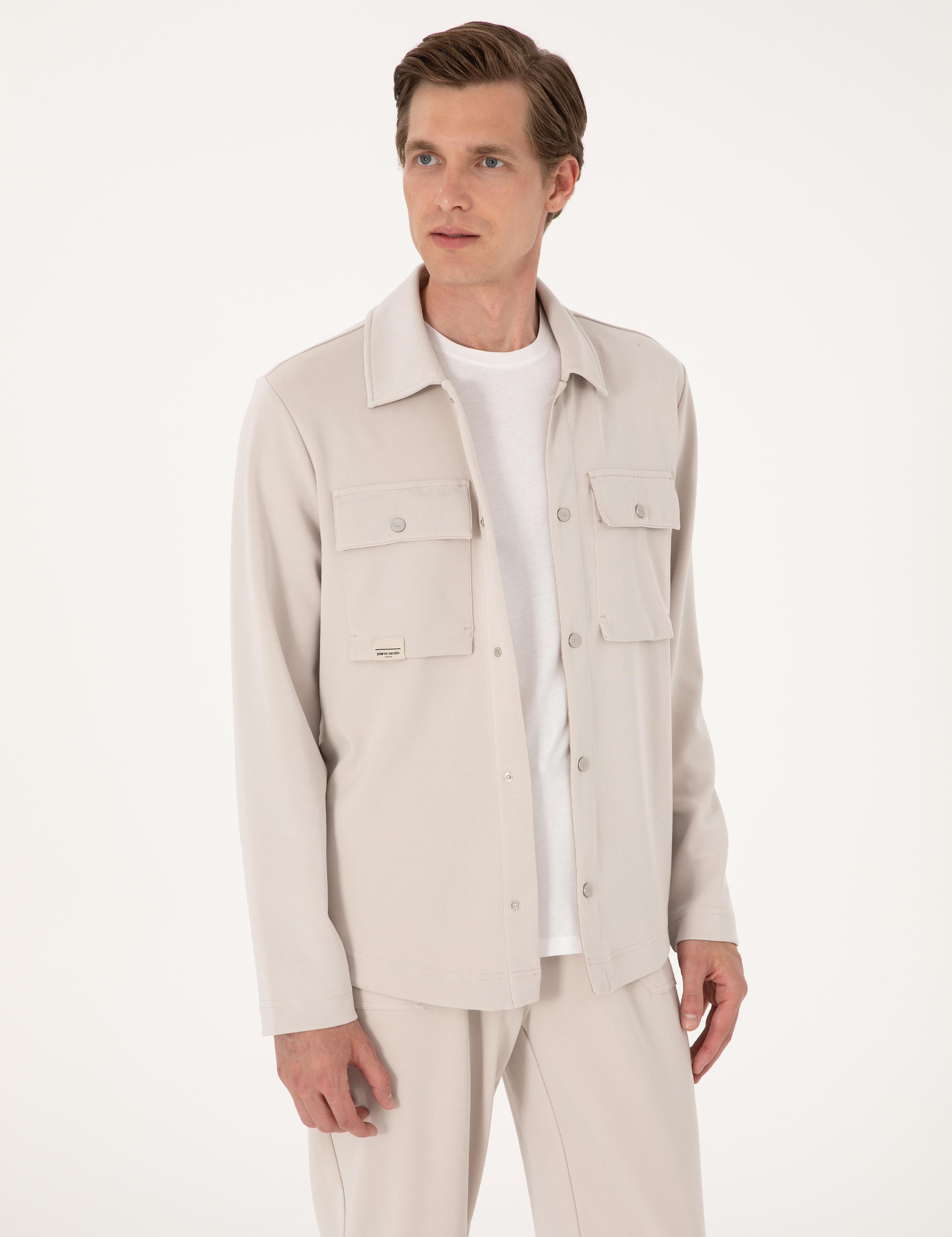 Taş Klasik Yaka Çift Cepli Örme Gömlek Ceket