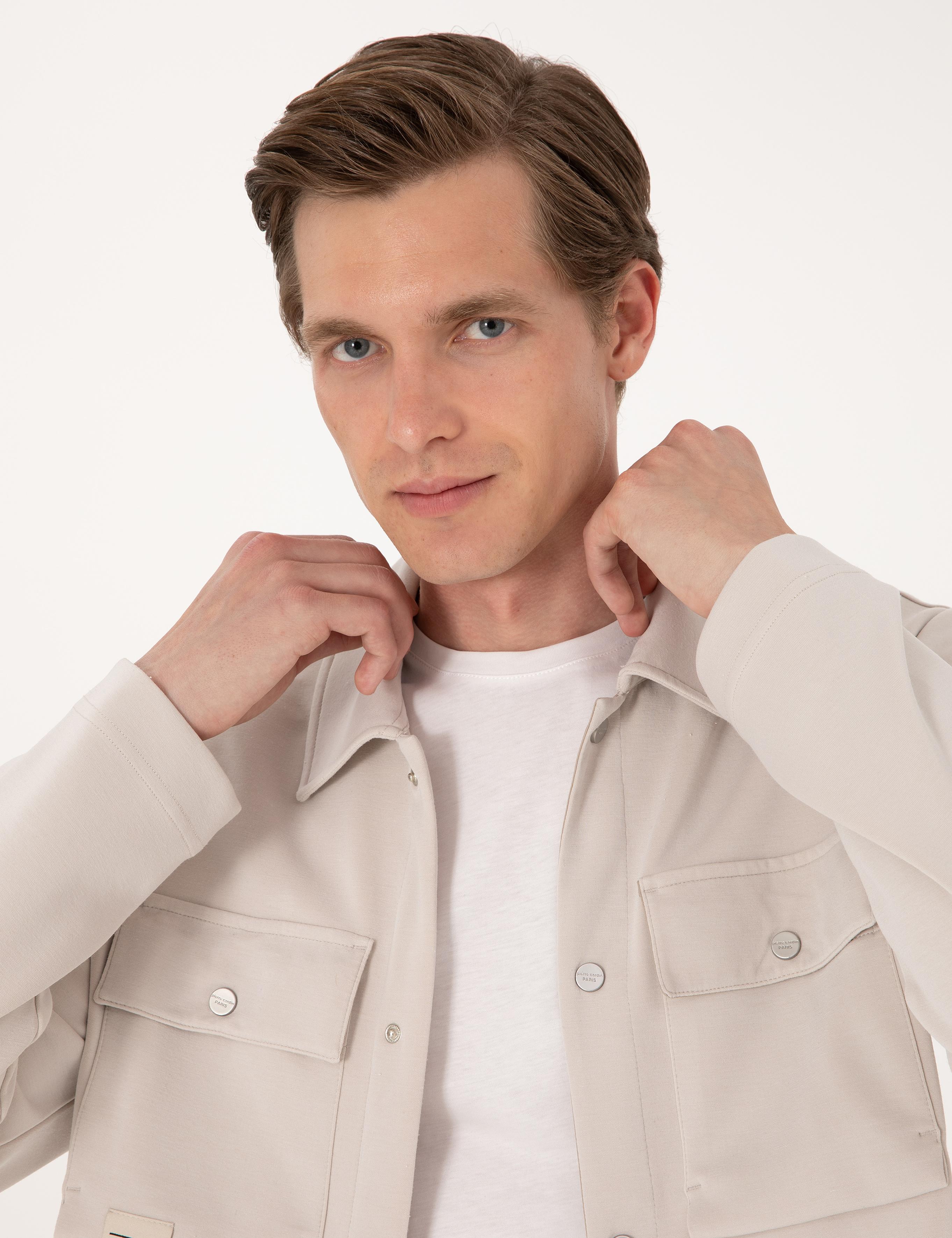 Taş Klasik Yaka Çift Cepli Örme Gömlek Ceket