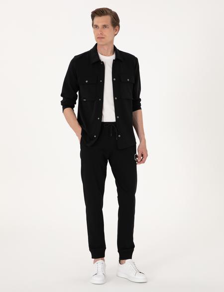 Siyah Klasik Yaka Çift Cepli Örme Gömlek Ceket - 50302573017