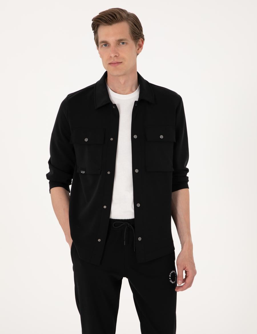 Siyah Klasik Yaka Çift Cepli Örme Gömlek Ceket