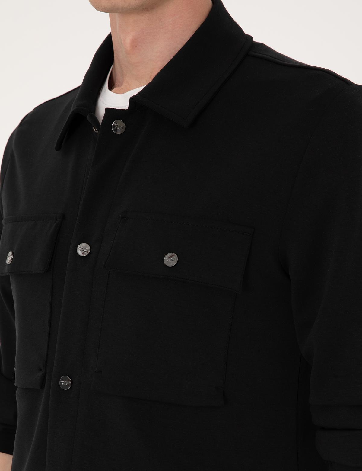 Siyah Klasik Yaka Çift Cepli Örme Gömlek Ceket - 50302573017