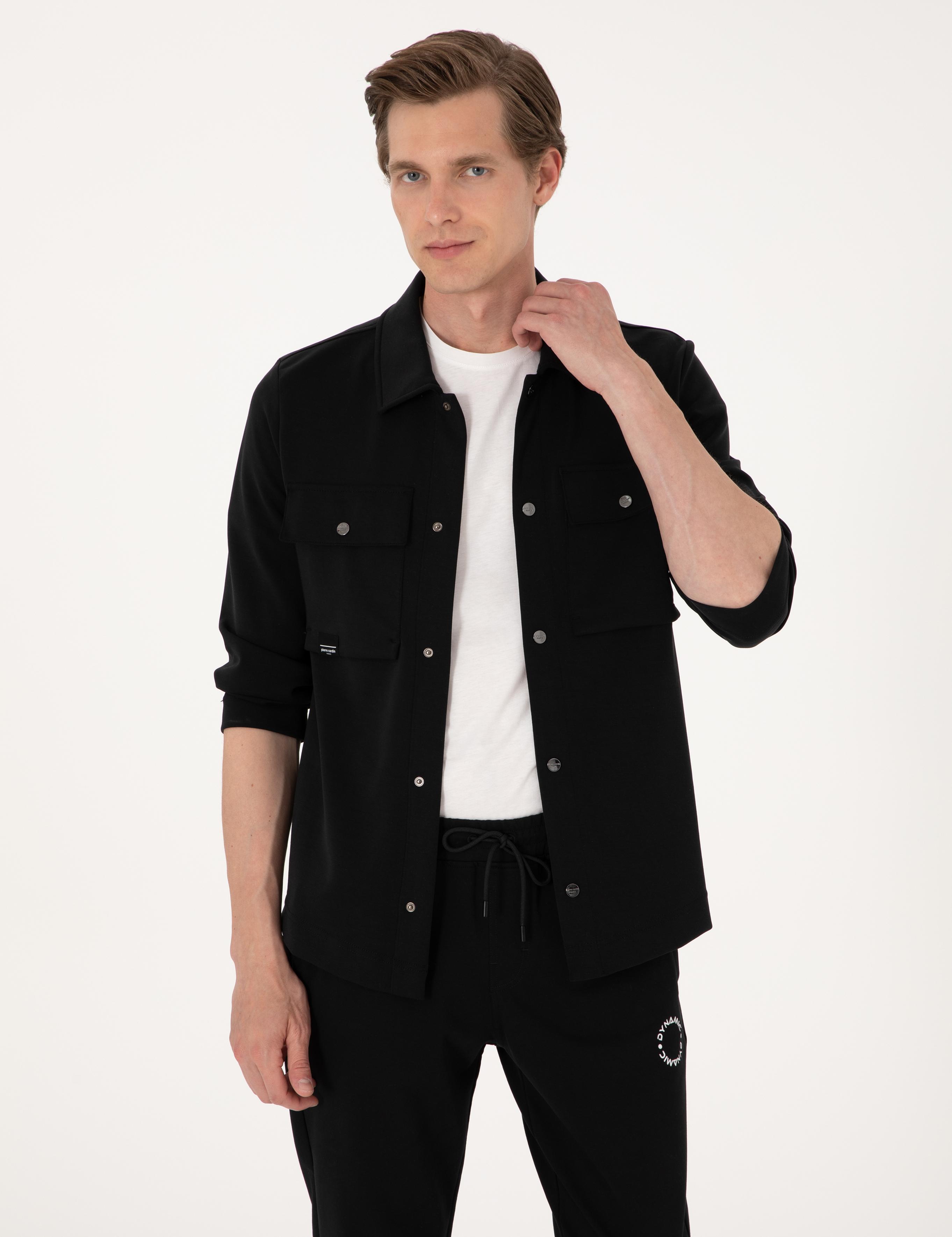 Siyah Klasik Yaka Çift Cepli Örme Gömlek Ceket