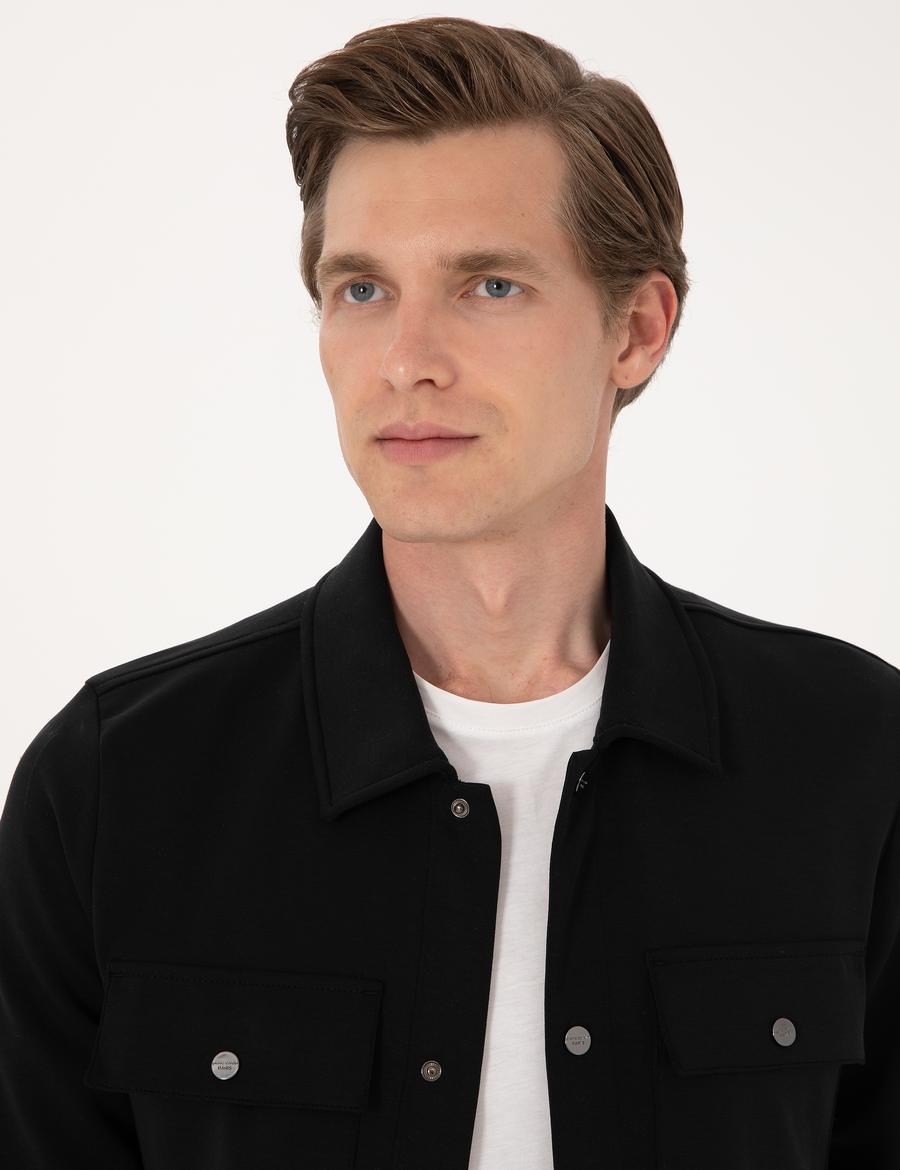 Siyah Klasik Yaka Çift Cepli Örme Gömlek Ceket