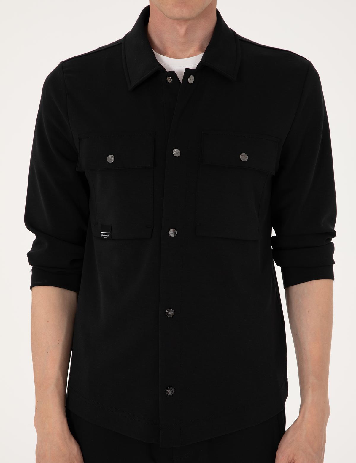 Siyah Klasik Yaka Çift Cepli Örme Gömlek Ceket - 50302573017