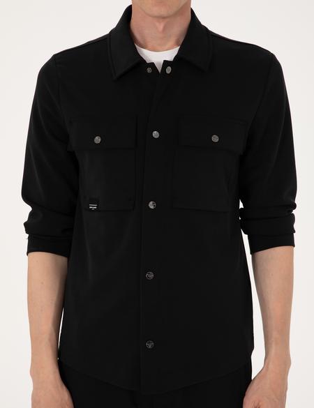 Siyah Klasik Yaka Çift Cepli Örme Gömlek Ceket - 50302573017