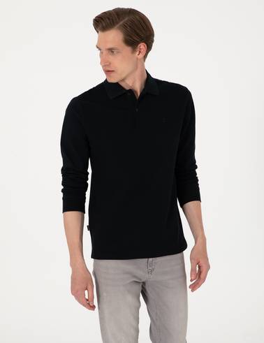 Siyah Slim Fit Kıvrılmaz Polo Yaka Basic Pike Sweatshirt