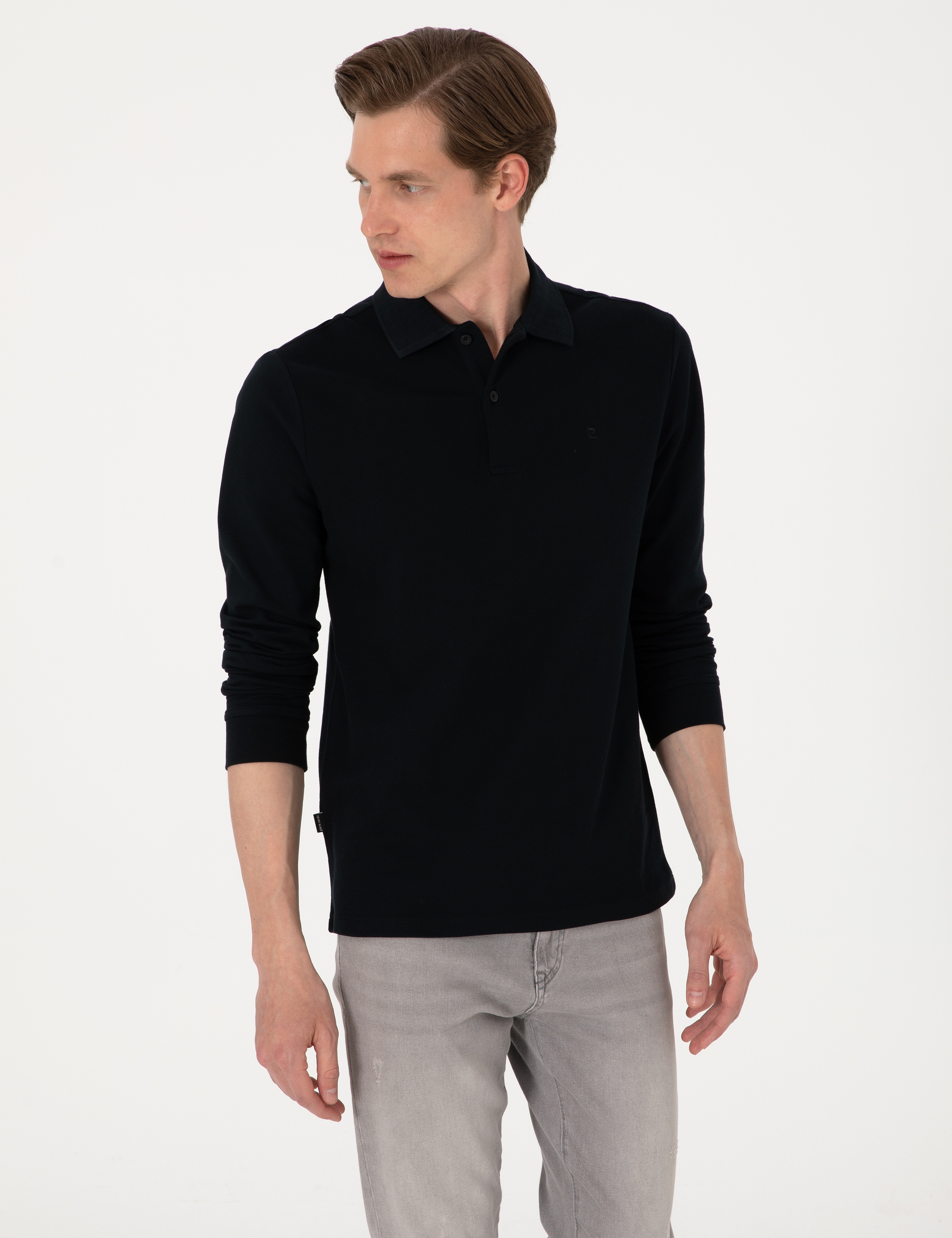 Siyah Slim Fit Kıvrılmaz Polo Yaka Basic Pike Sweatshirt - Image 3