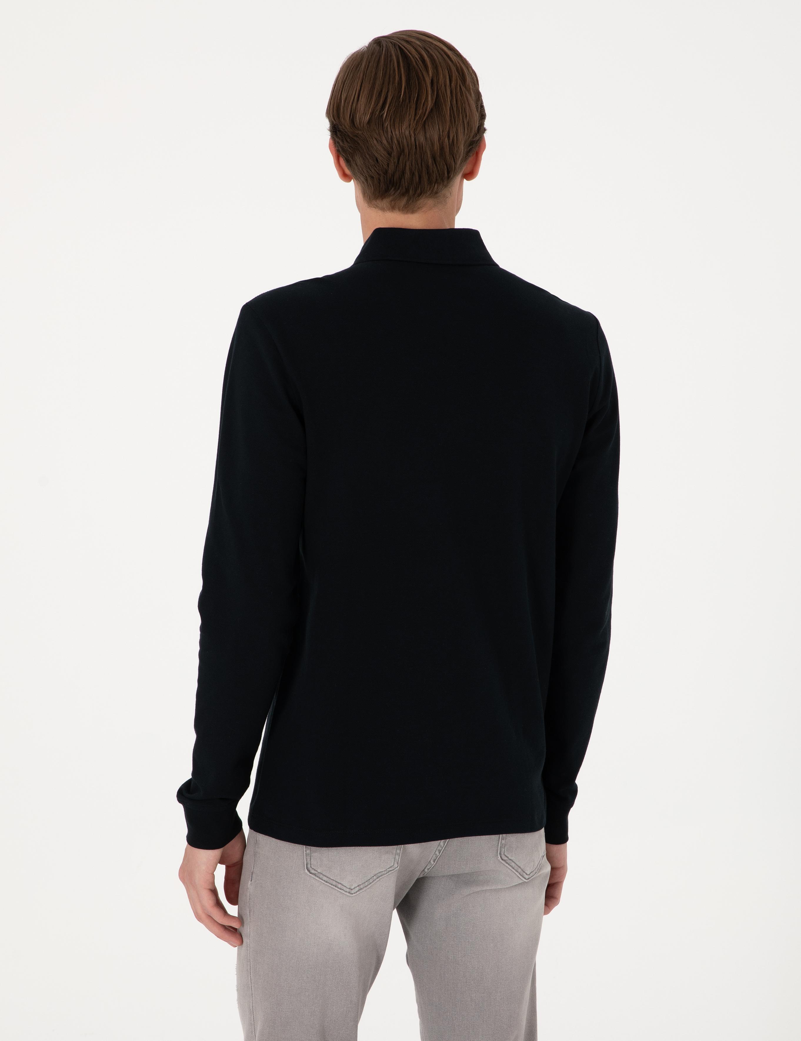 Siyah Slim Fit Kıvrılmaz Polo Yaka Basic Pike Sweatshirt