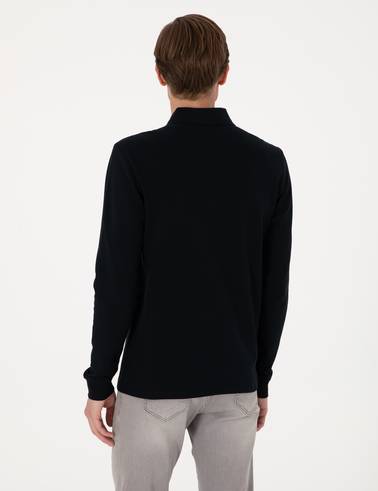Siyah Slim Fit Kıvrılmaz Polo Yaka Basic Pike Sweatshirt