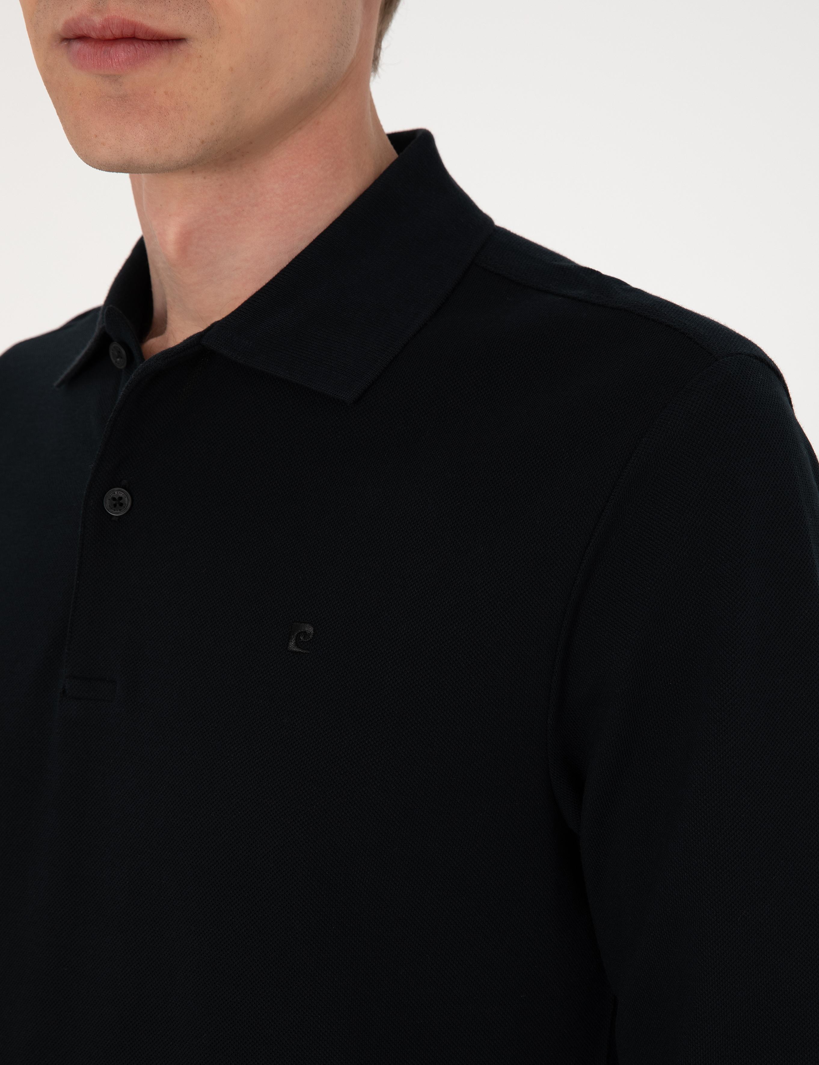 Siyah Slim Fit Kıvrılmaz Polo Yaka Basic Pike Sweatshirt