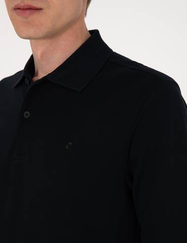 Siyah Slim Fit Kıvrılmaz Polo Yaka Basic Pike Sweatshirt