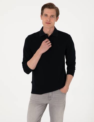 Siyah Slim Fit Kıvrılmaz Polo Yaka Basic Pike Sweatshirt