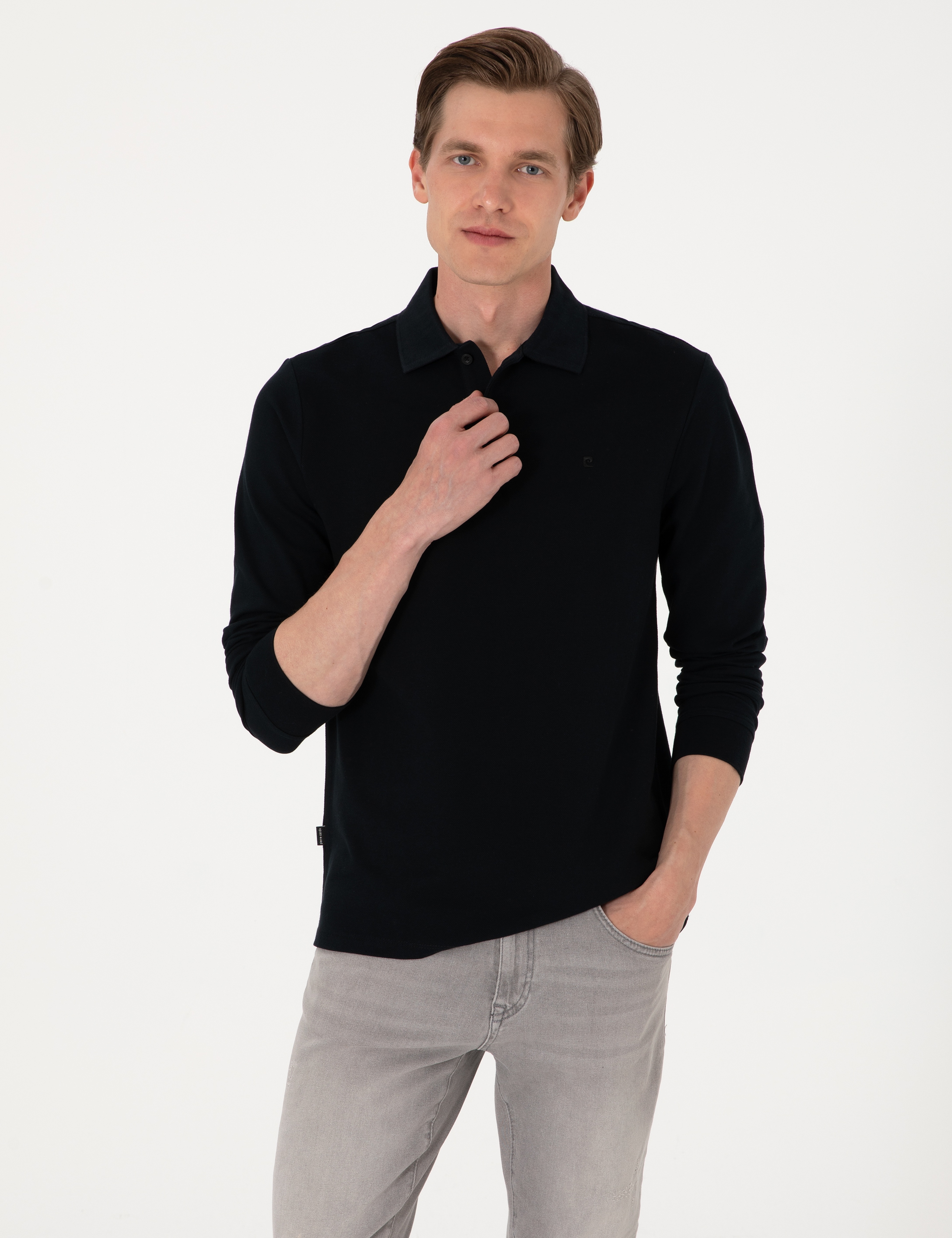 Siyah Slim Fit Kıvrılmaz Polo Yaka Basic Pike Sweatshirt - Image 1