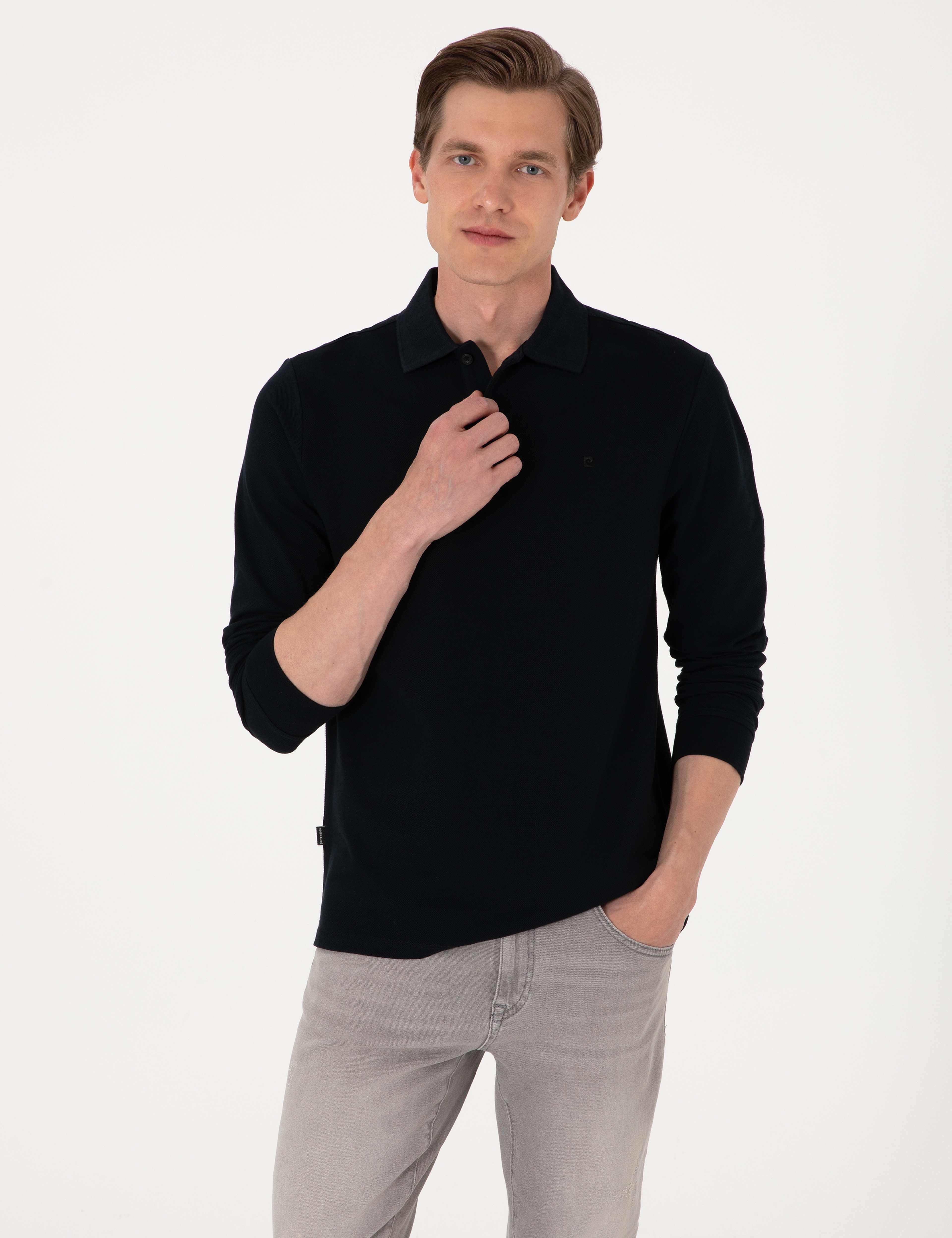 Siyah Slim Fit Kıvrılmaz Polo Yaka Basic Pike Sweatshirt