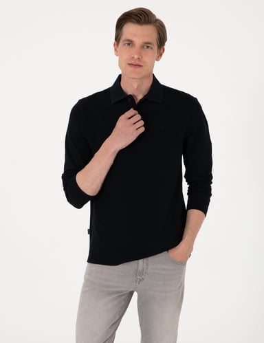 Siyah Slim Fit Kıvrılmaz Polo Yaka Basic Pike Sweatshirt