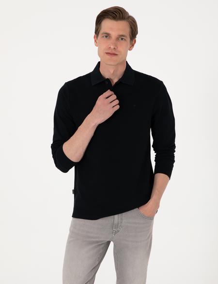 Siyah Slim Fit Kıvrılmaz Polo Yaka Basic Pike Sweatshirt - 50314048005
