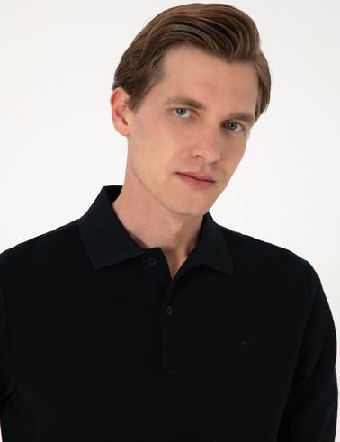 Siyah Slim Fit Kıvrılmaz Polo Yaka Basic Pike Sweatshirt