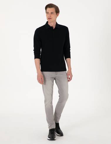 Siyah Slim Fit Kıvrılmaz Polo Yaka Basic Pike Sweatshirt