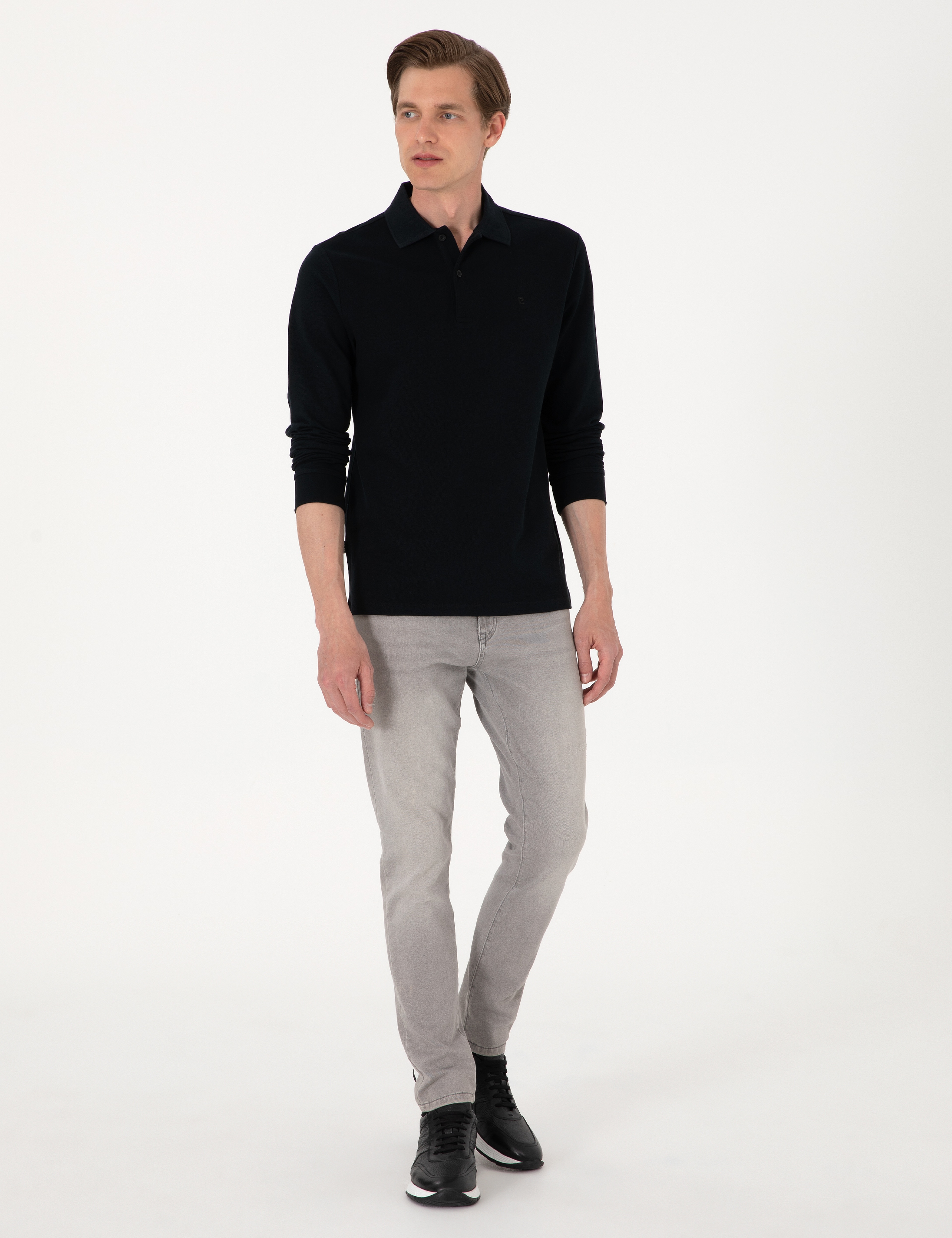 Siyah Slim Fit Kıvrılmaz Polo Yaka Basic Pike Sweatshirt