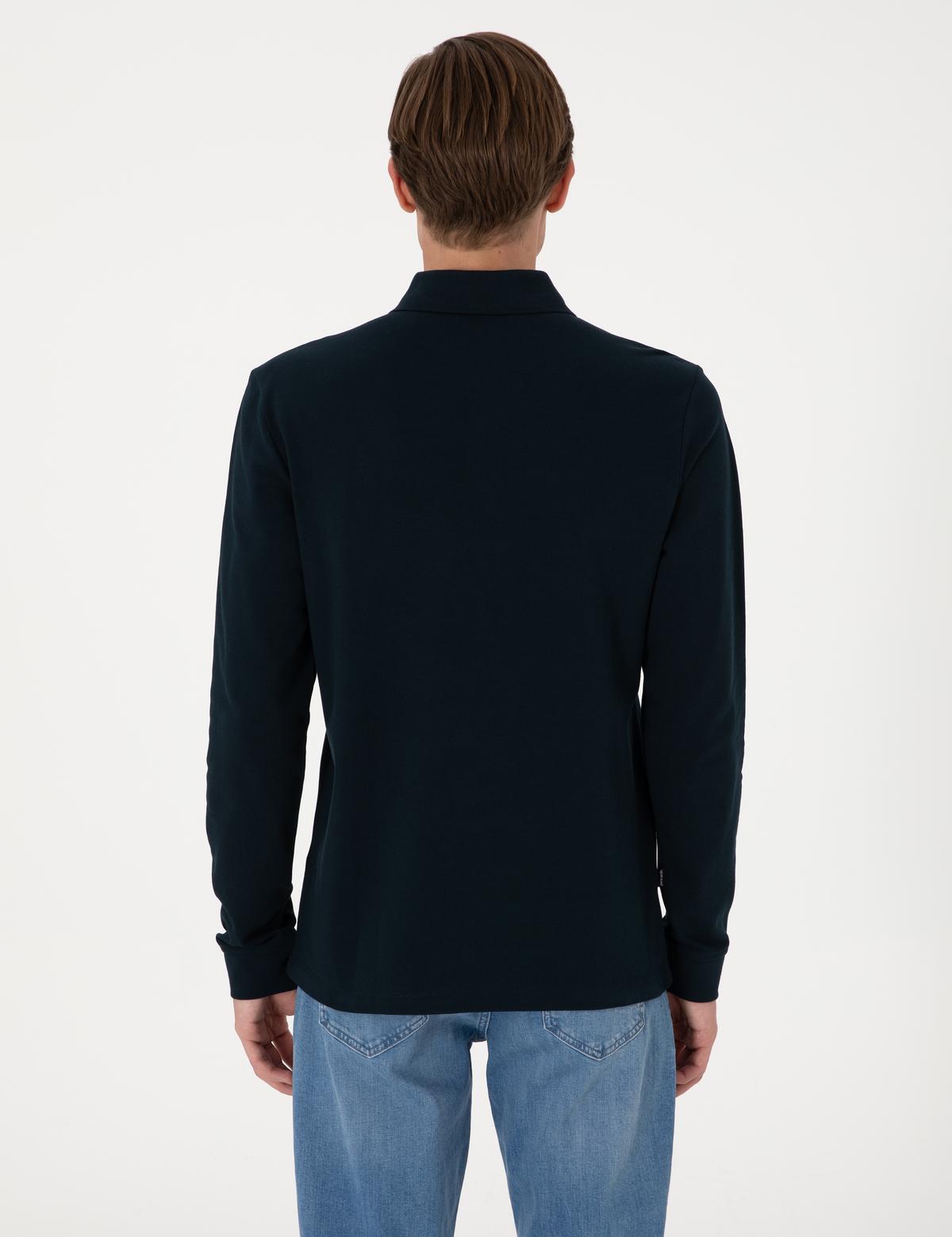 Lacivert Slim Fit Kıvrılmaz Polo Yaka Basic Pike Sweatshirt - 50314048021