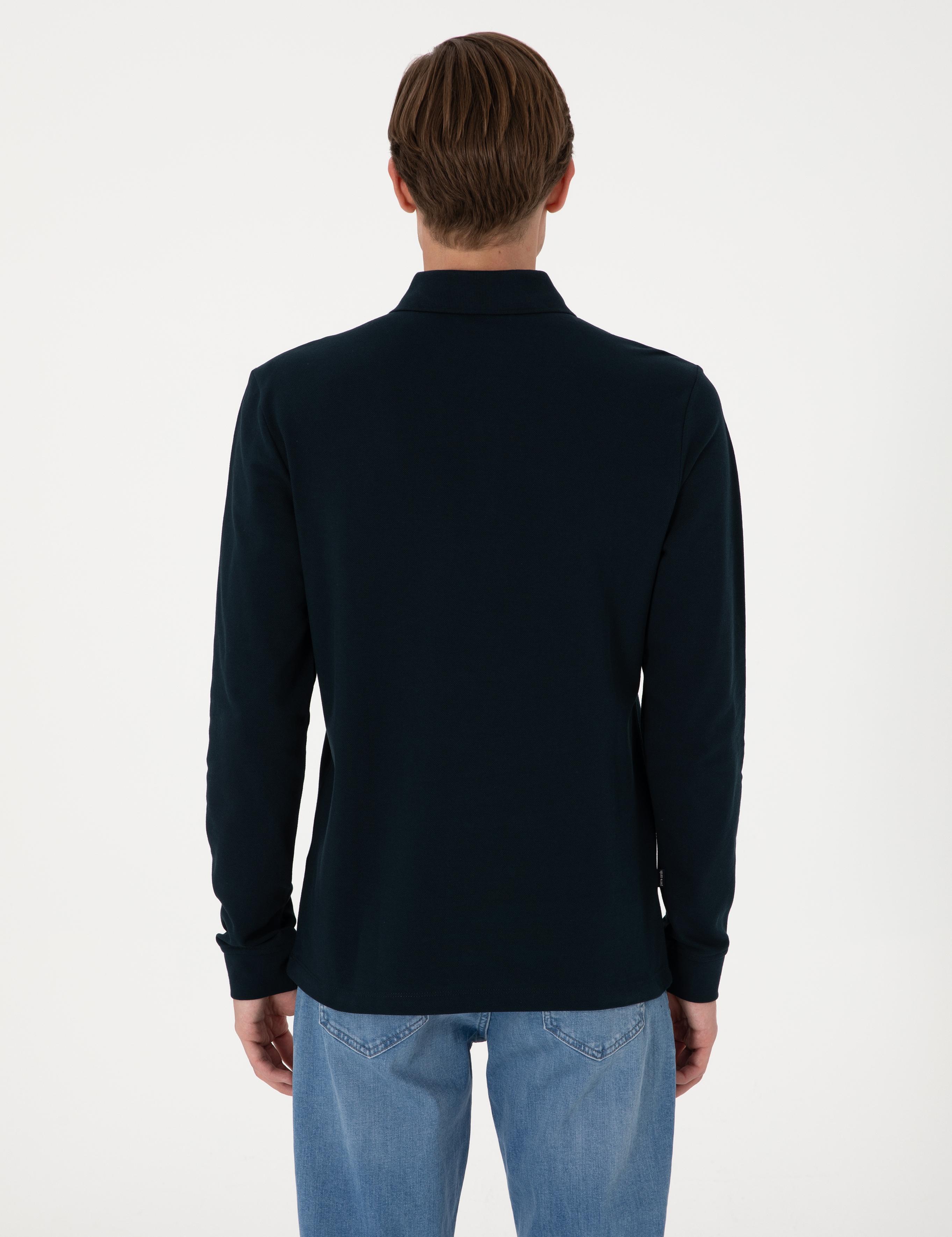 Lacivert Slim Fit Kıvrılmaz Polo Yaka Basic Pike Sweatshirt