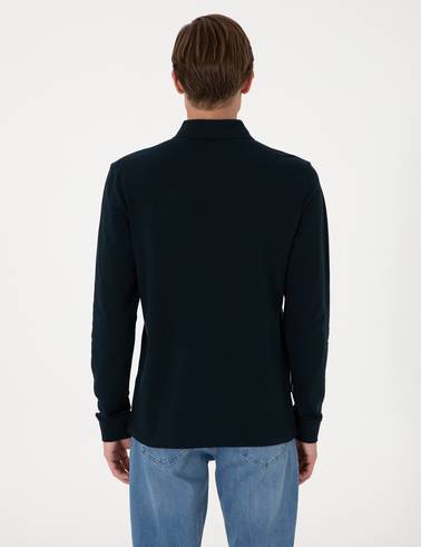 Lacivert Slim Fit Kıvrılmaz Polo Yaka Basic Pike Sweatshirt